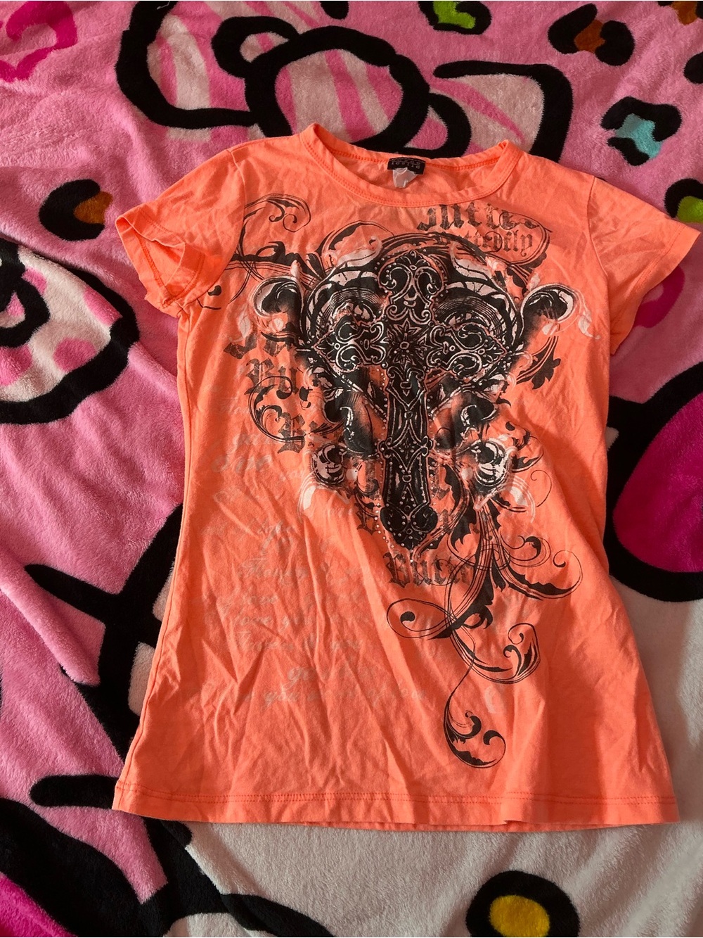 Joyce Leslie Neon Coral Short Sleeve Tee with Ornate Ram Graphic
